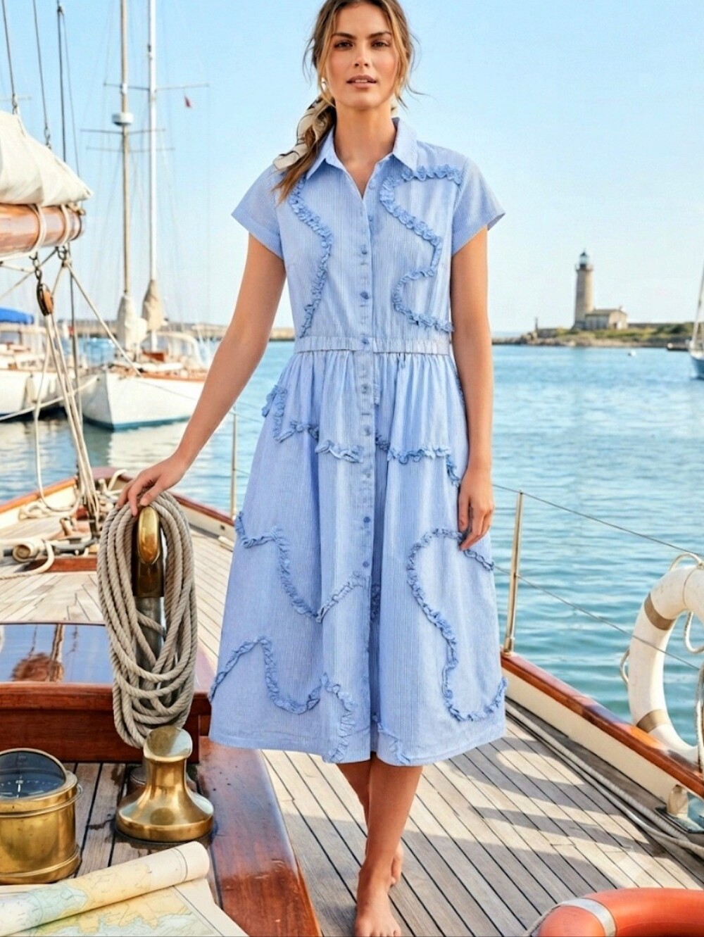 Kate Spade x Target Blue & White Striped Ruffle Midi Shirt Dress Size XL